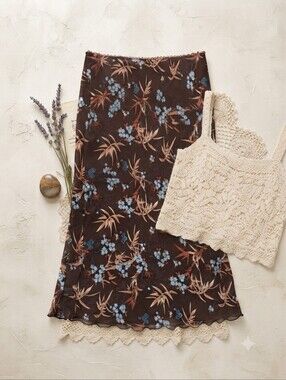 90s Y2K Pantology Brown Blue Floral Flowy Skirt